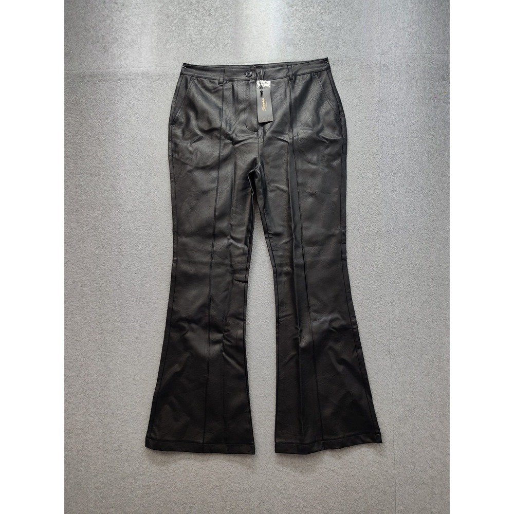 Shinestar Women Pant XL Black Faux Leather Slash Pocket Flare Leg Cowgirl Disco